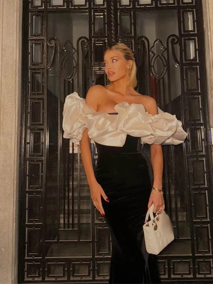 Elegant Pleated Patchwork Off Shoulder Backless Sleeveless Slim Long Dress