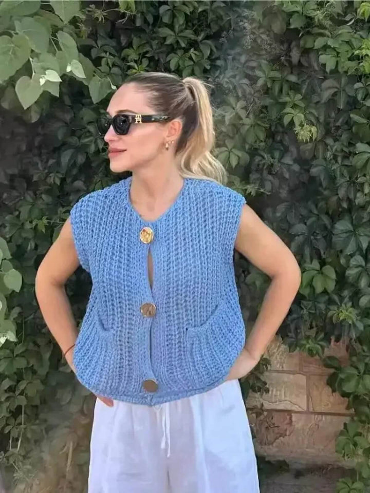 Fashionable V-Neck Button Up Front Pockets Sleeveless Vest