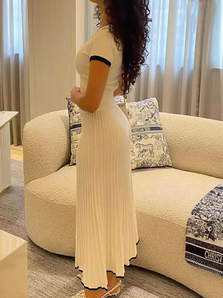 Knit Patchwork Two-Piece Set Long Skirt With V-neck Crop Top