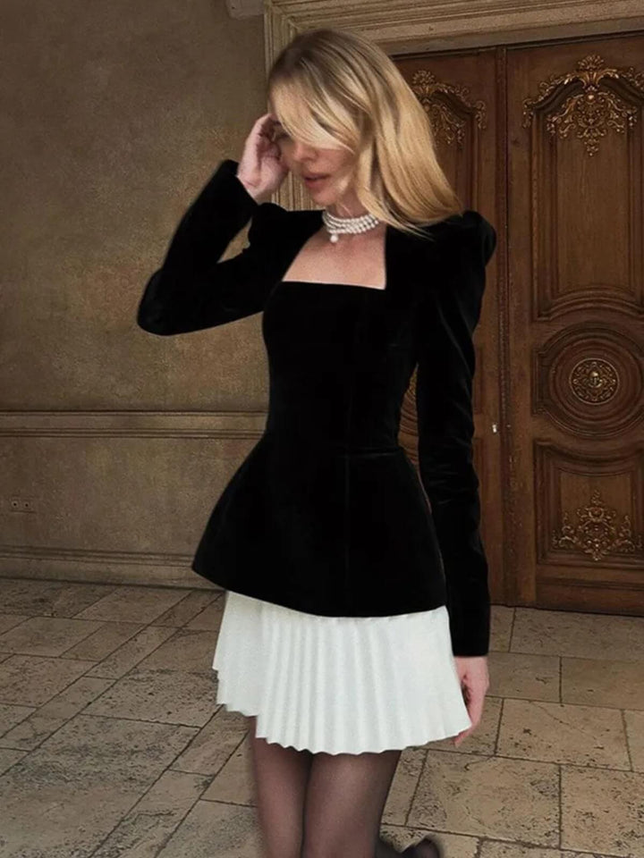Chic Pleated Square Collar Full Sleeve Mini Skirt Set