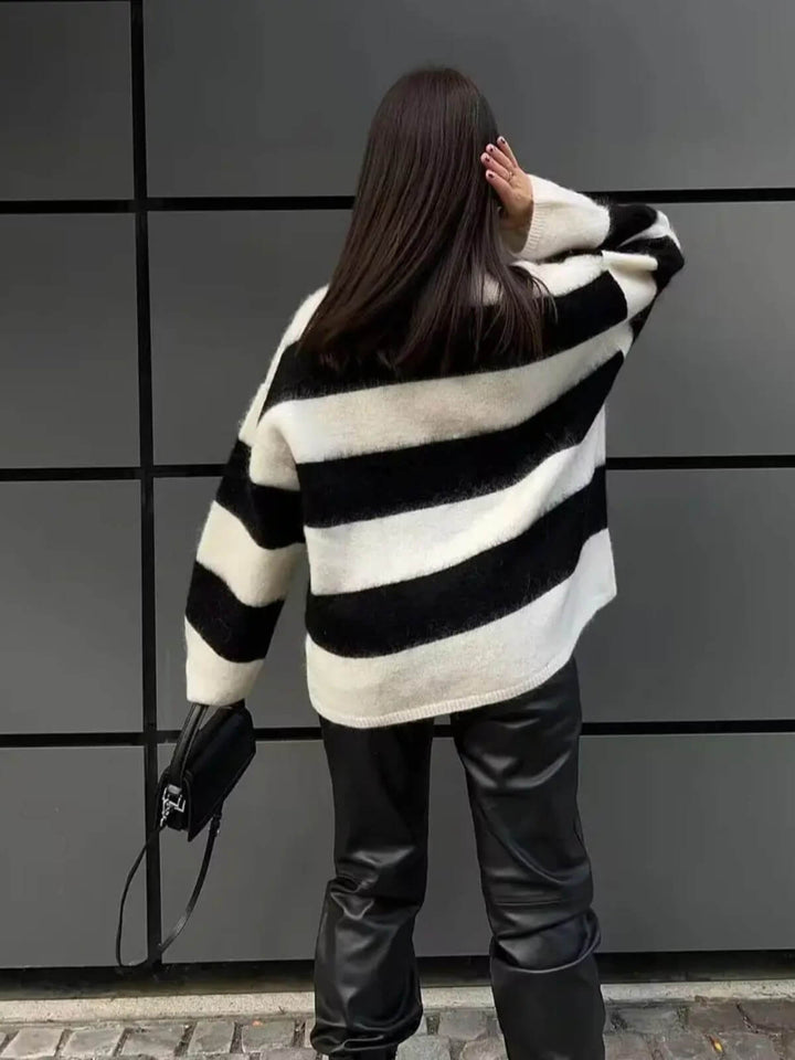 Women's O-Neck Long Sleeve Stripe Loose Sweater
