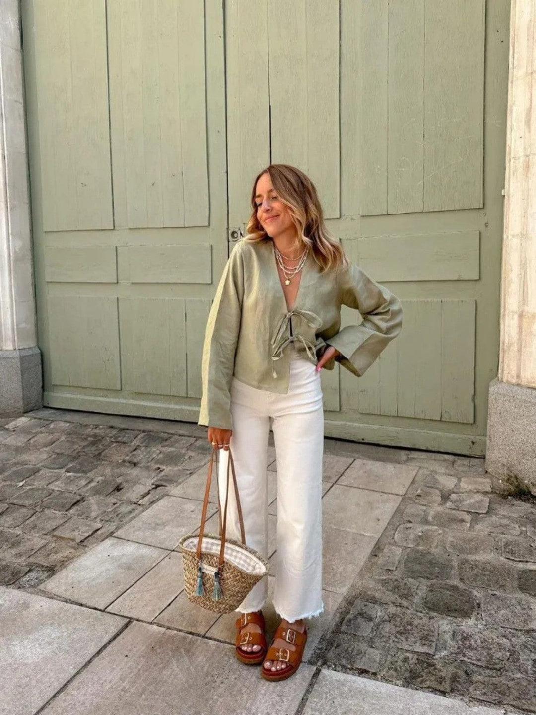 Long Sleeve Linnen Top With Bow Detail