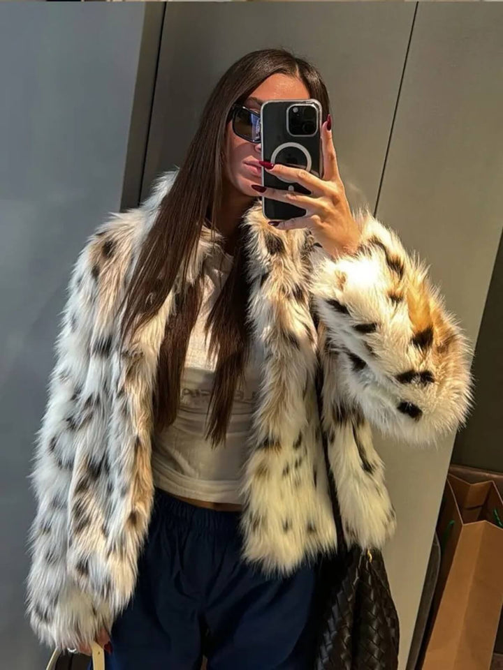 Fashionable Leopard Warm Loose Fit Hidden Button Overcoat