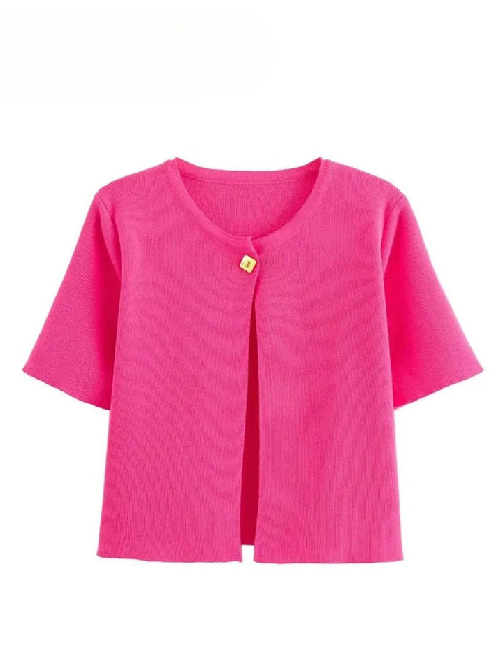 Elegant Short-Sleeve Cropped Cardigan with Metal Buttons