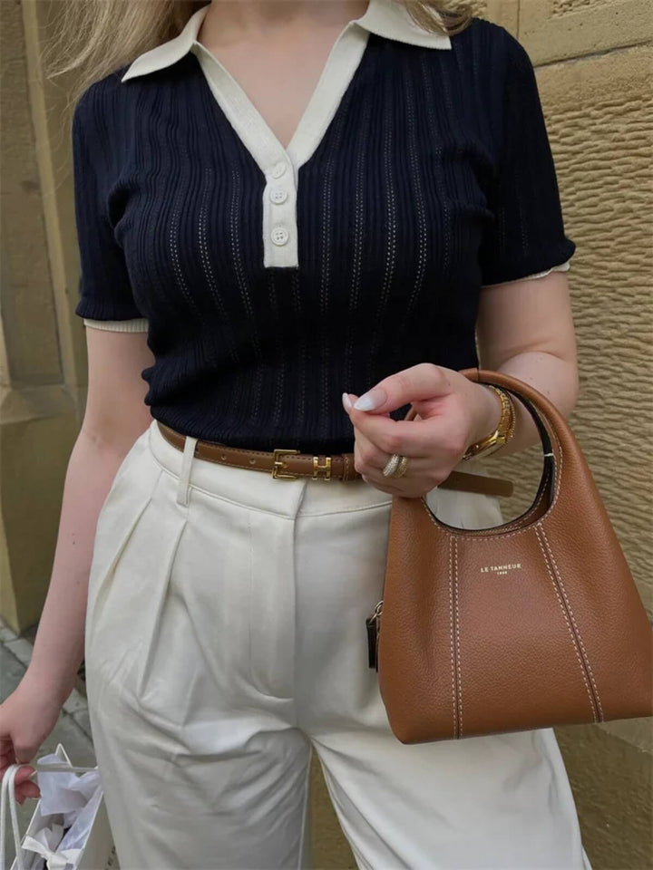 Fashion V-Neck Short Sleeve Patchwork Top