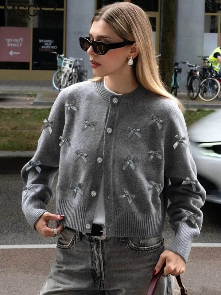 Beautiful Bows O-Neck Cropped Knitted Cardigan