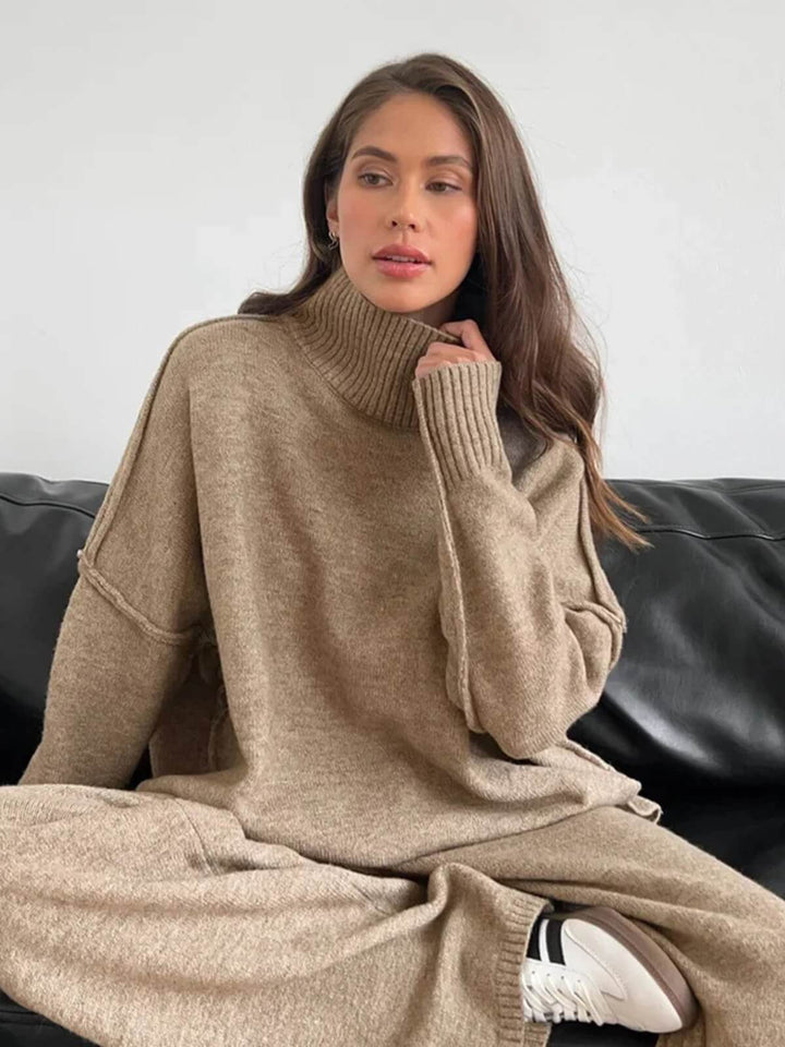 Casual Thickened Turtleneck Sweater Knitted Trousers Set