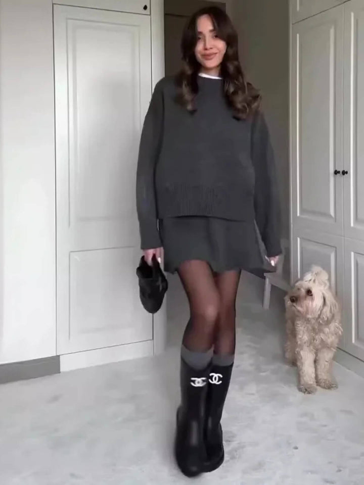 Casual Two-Piece Outfit With Long-Sleeve Sweater Top And Mini Skirt Set