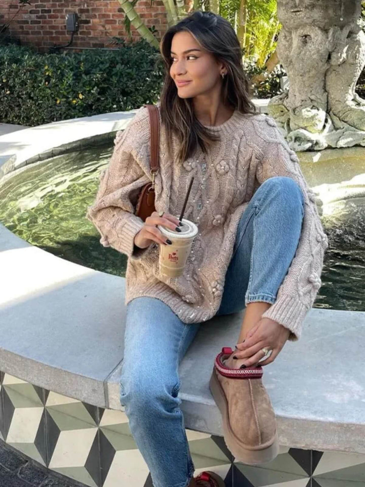 Elegant Loose Rhinestone O-neck Long Sleeve Sweater