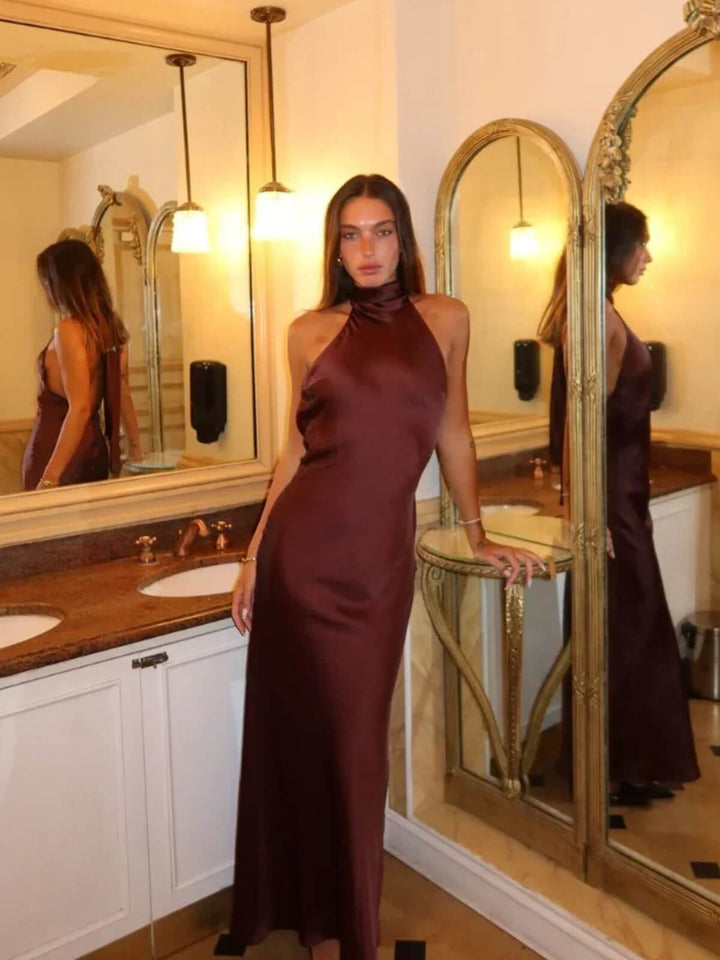 Elegant Satin Halter Lace Up Off Shoulder Backless Sleeveless Long Dress