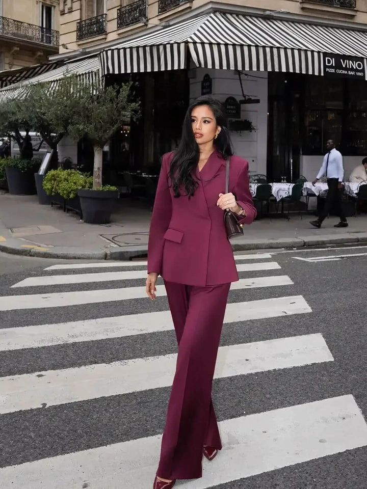 Retro Flip Collar Long Sleeve High-Waist Suit Set