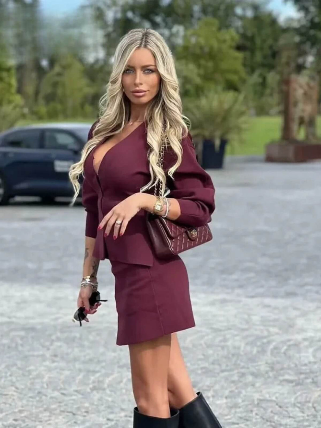 Women's Elegant V-Neck Button-Up Top With Chic Mini Skirt Knitted Set