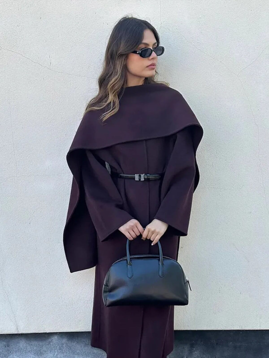 Elegant Scarf Collar Lace-Up Design And Loose Fit Long Coat