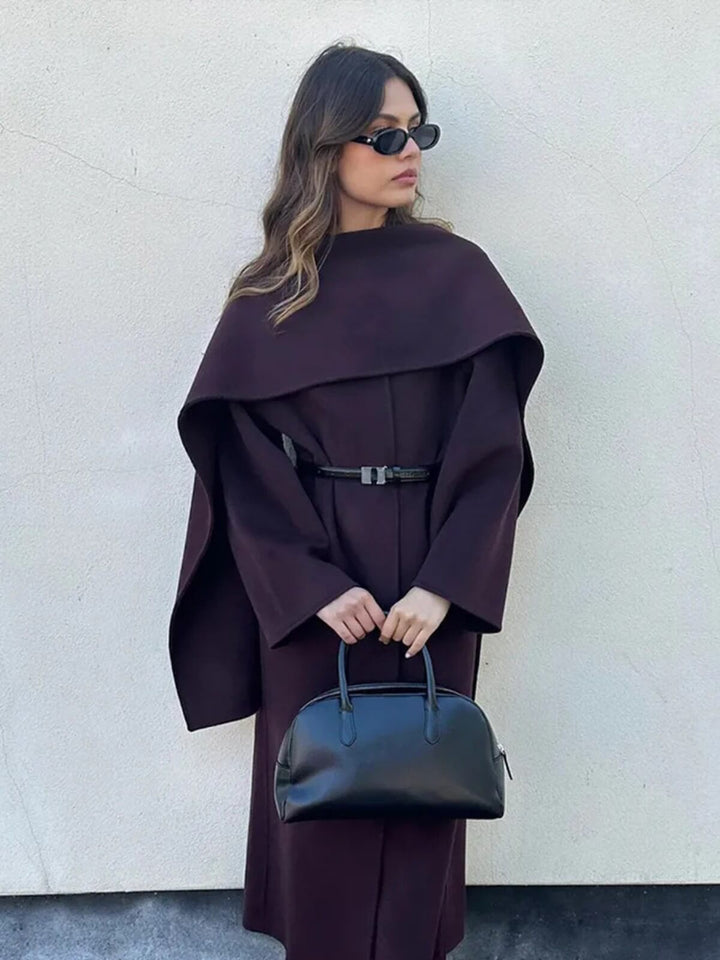 Elegant Scarf Collar Lace-Up Design And Loose Fit Long Coat
