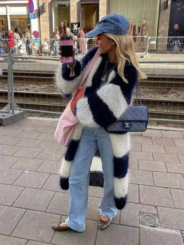 Fashion Oversized Long Stripe Lantern Sleeve Cardigan
