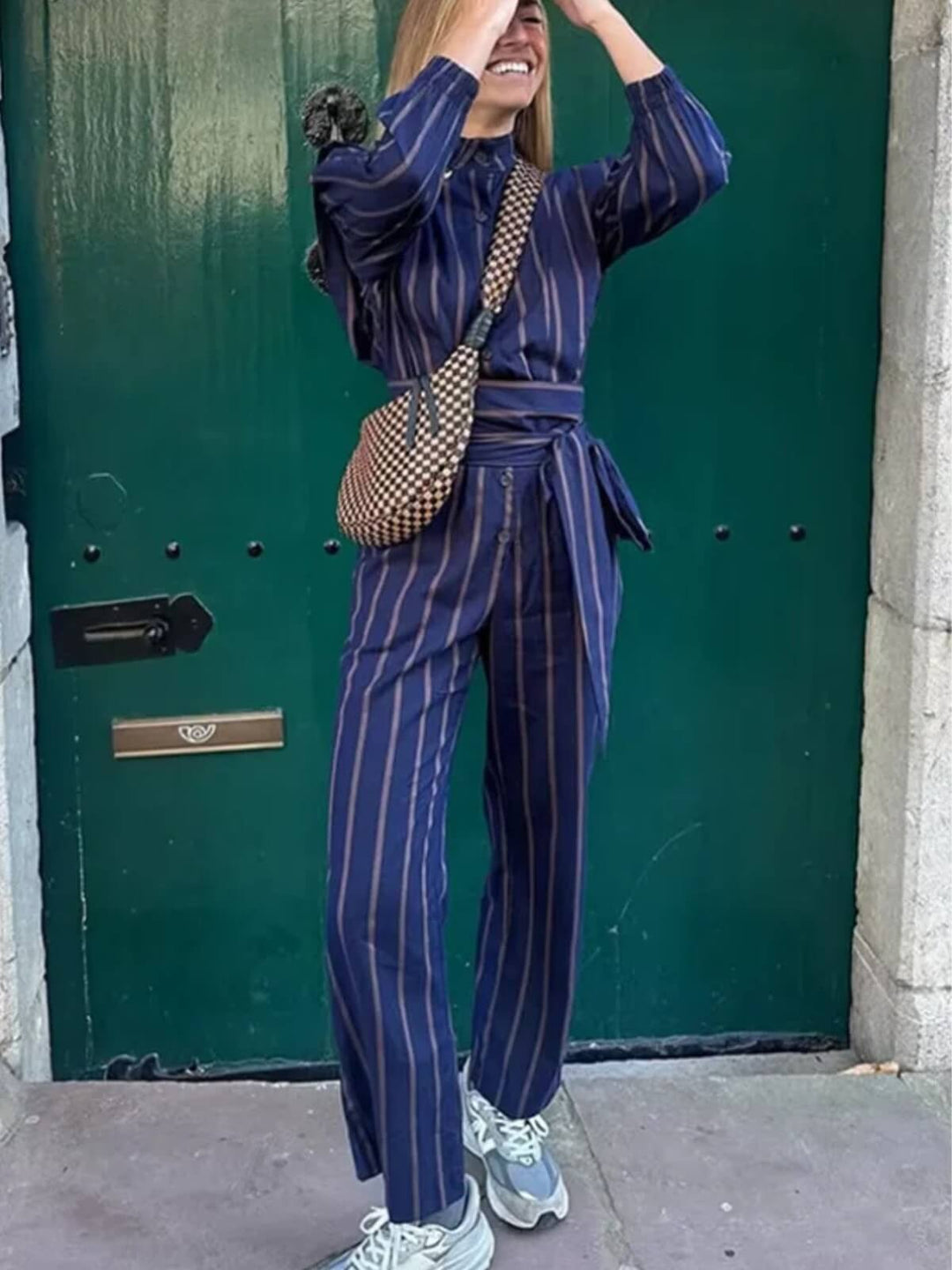 Vintage Striped Long Sleeves Wide-Leg Jumpsuit