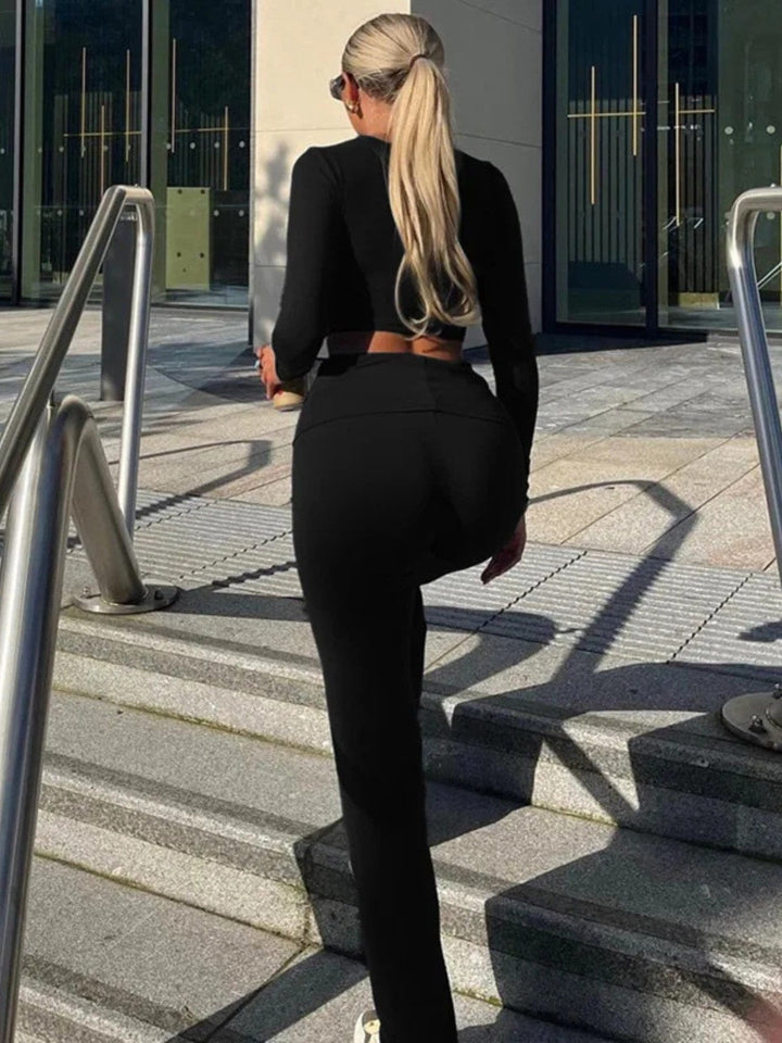 Women's Two-Piece Set - Long Sleeve Crop Top & Pants