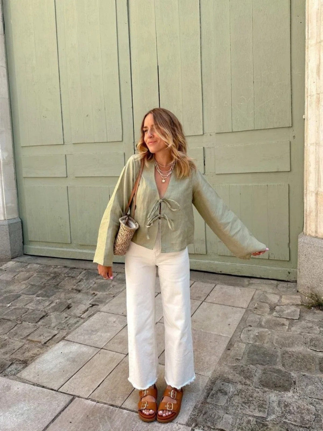 Long Sleeve Linnen Top With Bow Detail