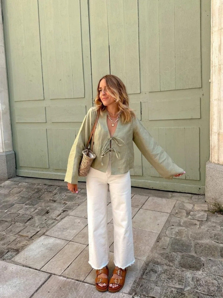 Long Sleeve Linnen Top With Bow Detail