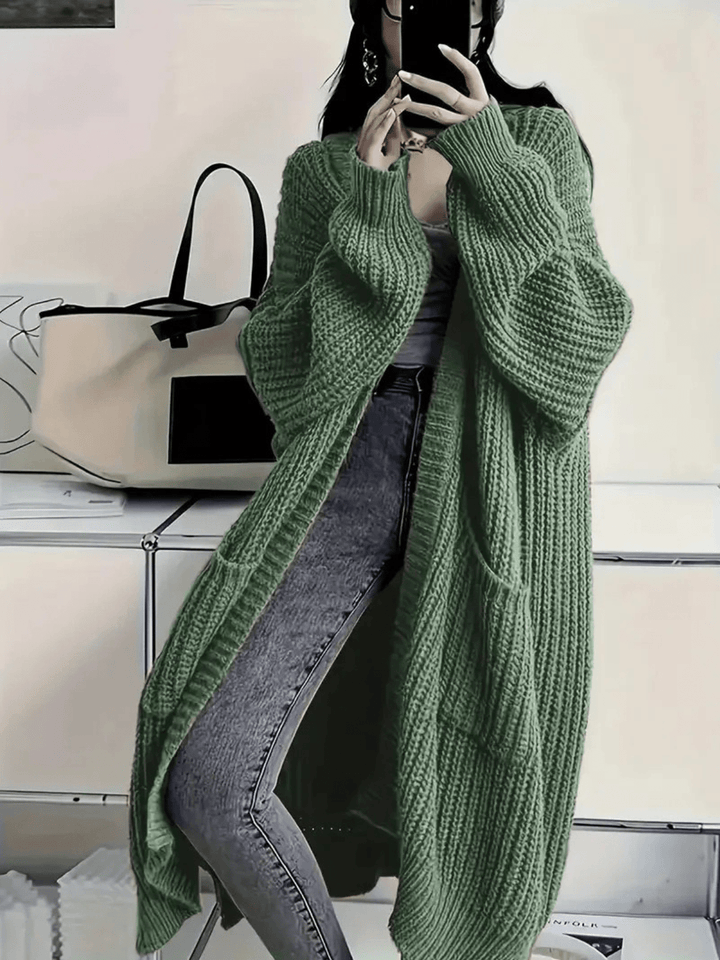 Cozy Plain Knitted Open-Front Cardigan with Pockets