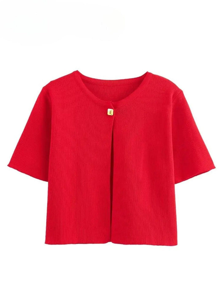 Elegant Short-Sleeve Cropped Cardigan with Metal Buttons