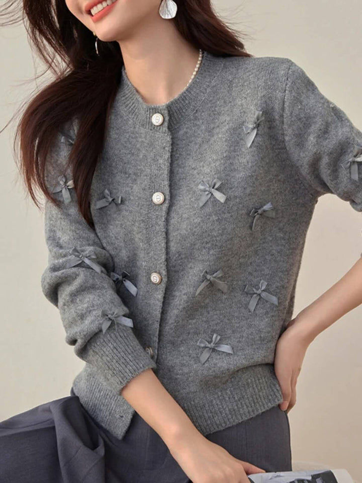 Beautiful Bows O-Neck Cropped Knitted Cardigan