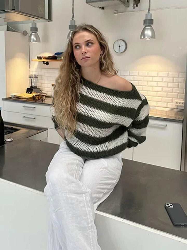 Casual Long Sleeve Stripe Knit Sweater