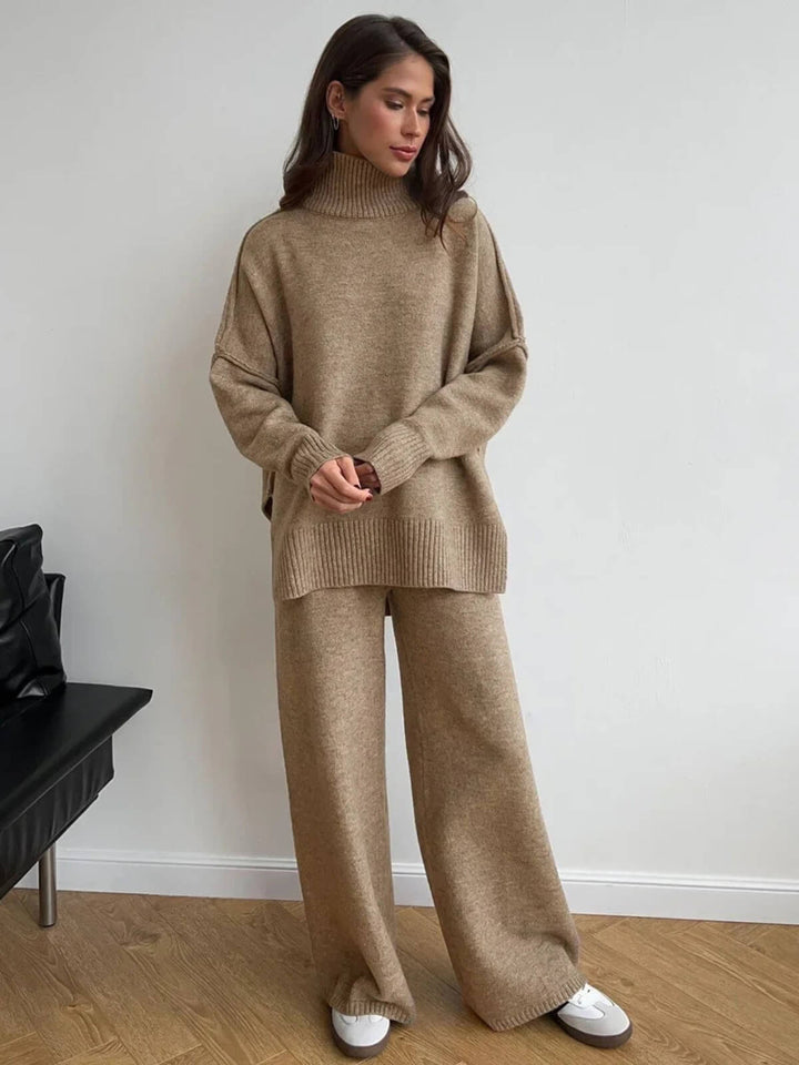 Casual Thickened Turtleneck Sweater Knitted Trousers Set