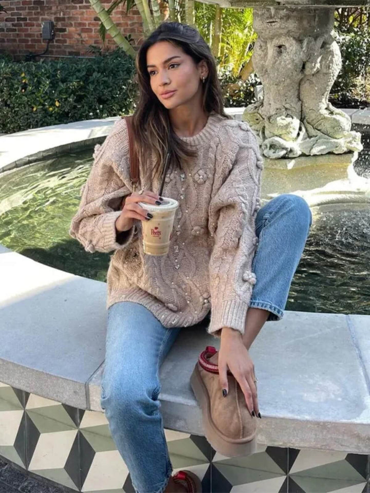 Elegant Loose Rhinestone O-neck Long Sleeve Sweater
