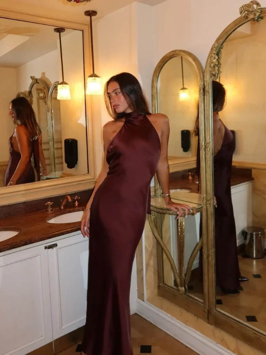 Elegant Satin Halter Lace Up Off Shoulder Backless Sleeveless Long Dress