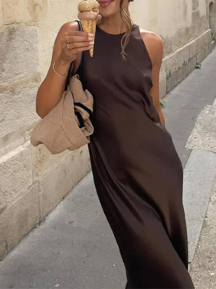 Elegant Solid Satin Fit Sleeveless Maxi Dress
