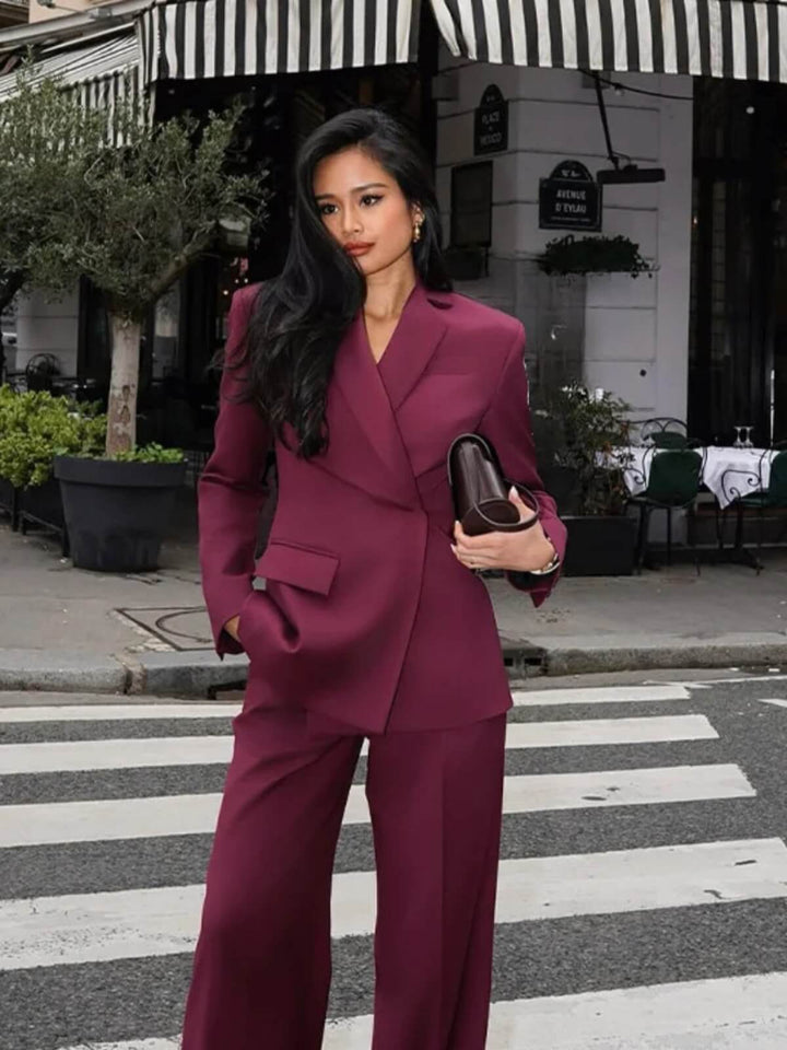 Retro Flip Collar Long Sleeve High-Waist Suit Set