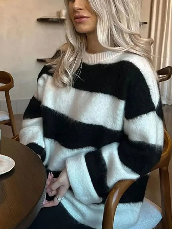 Women's O-Neck Long Sleeve Stripe Loose Sweater