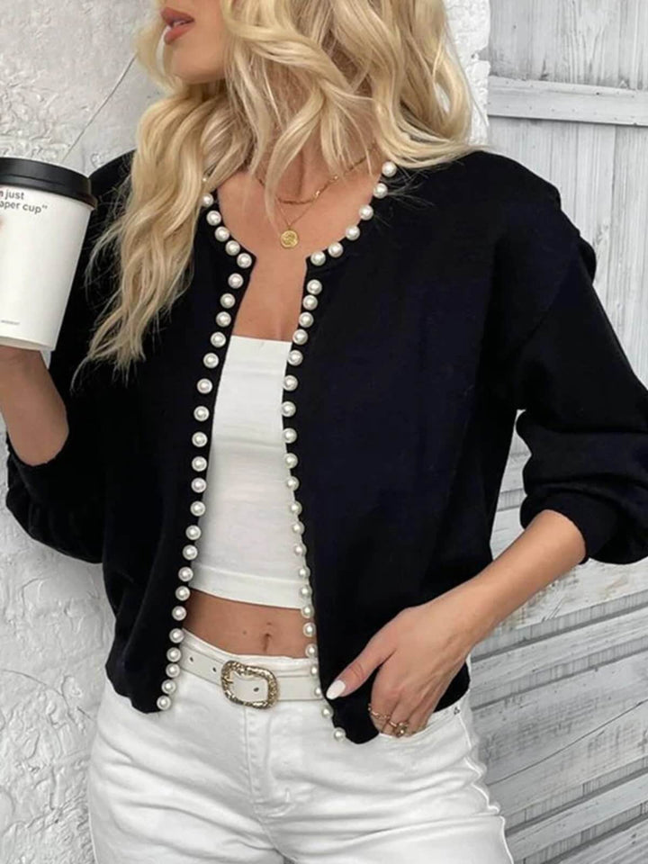 Casual Long Sleeve Cardigan With Pearls
