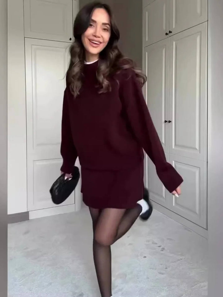Casual Two-Piece Outfit With Long-Sleeve Sweater Top And Mini Skirt Set