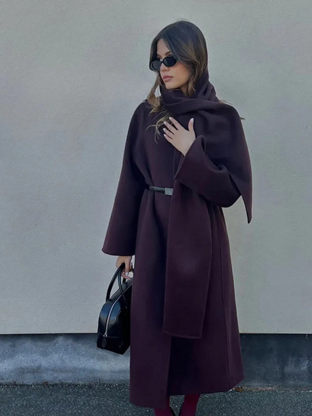 Elegant Scarf Collar Lace-Up Design And Loose Fit Long Coat