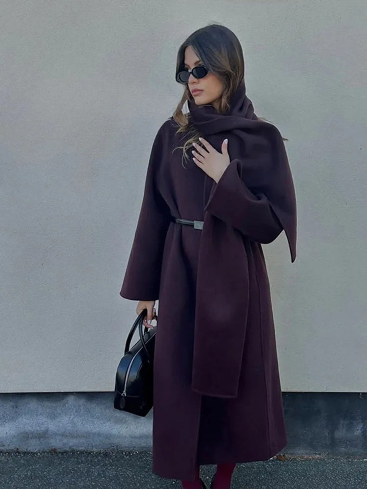 Elegant Scarf Collar Lace-Up Design And Loose Fit Long Coat