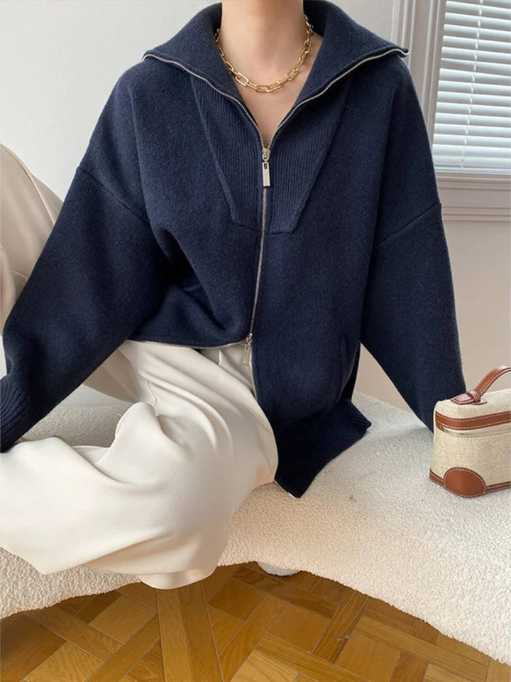 Oversized Double Zipper Fit Loose Polo's Collared Cardigan