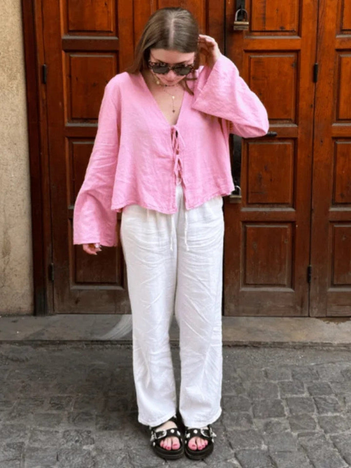 Long Sleeve Linnen Top With Bow Detail