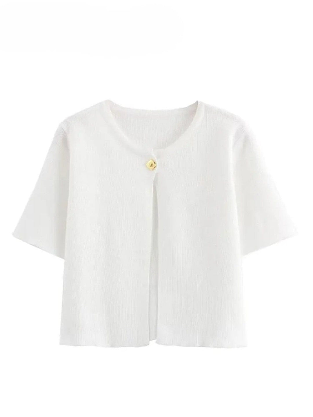 Elegant Short-Sleeve Cropped Cardigan with Metal Buttons