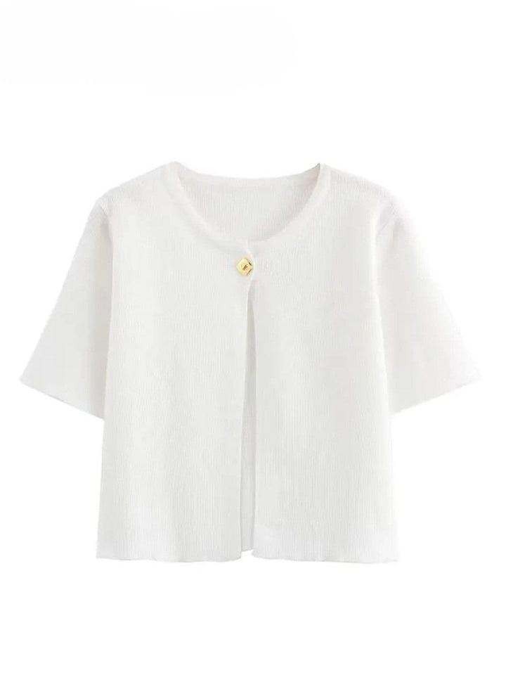 Elegant Short-Sleeve Cropped Cardigan with Metal Buttons
