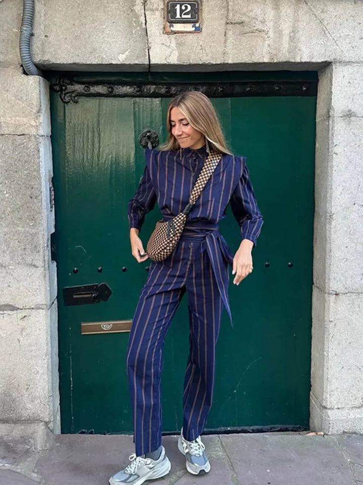 Vintage Striped Long Sleeves Wide-Leg Jumpsuit