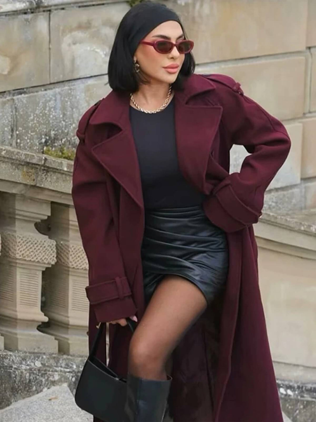 Vintage Double-Breasted Coat with Belt & Turn-Down Collar
