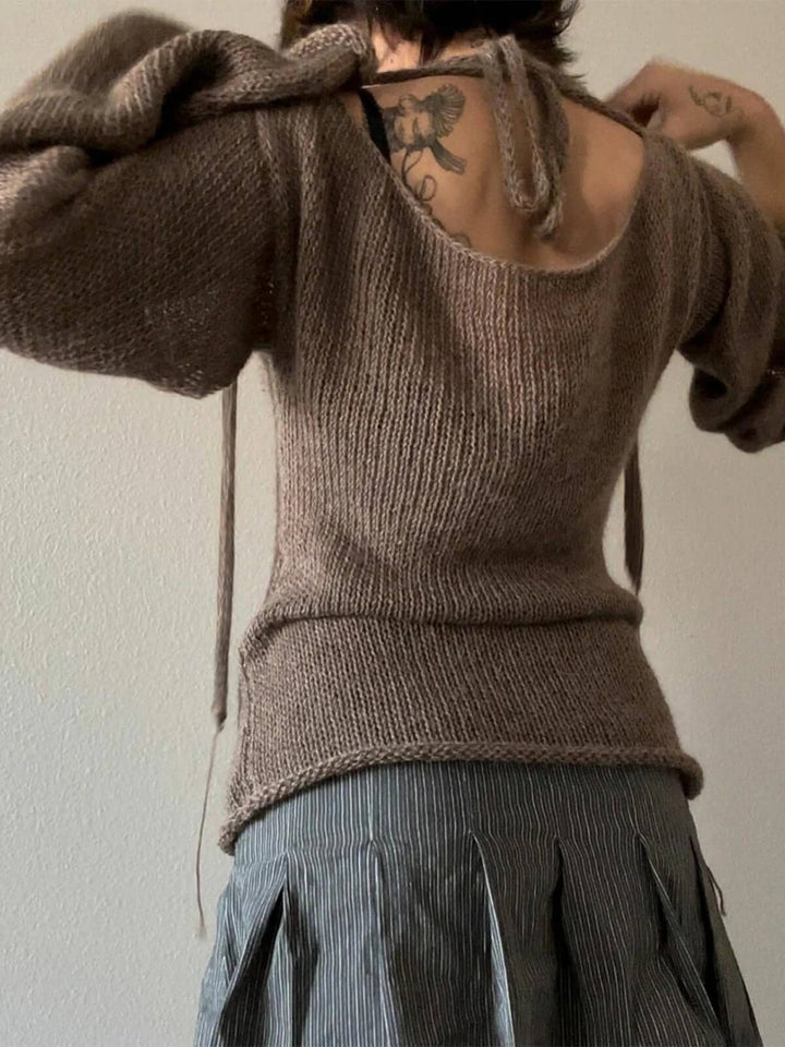 Casual Long Sleeve Boat Neck Tie Back Sweaters
