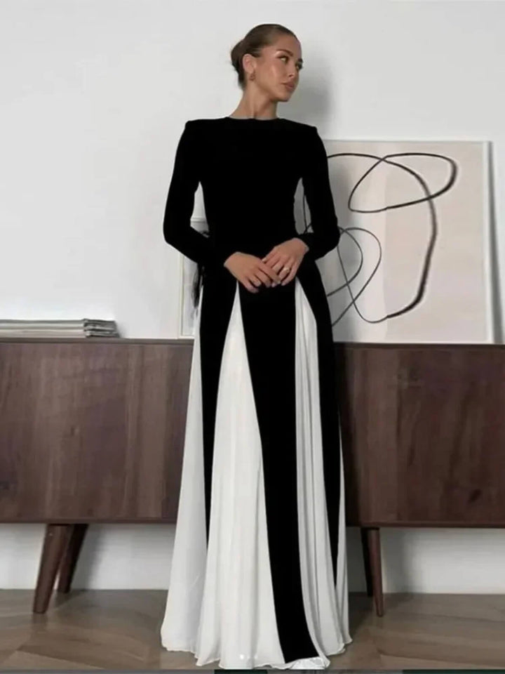 Elegant Black White Patchwork Maxi Dresses