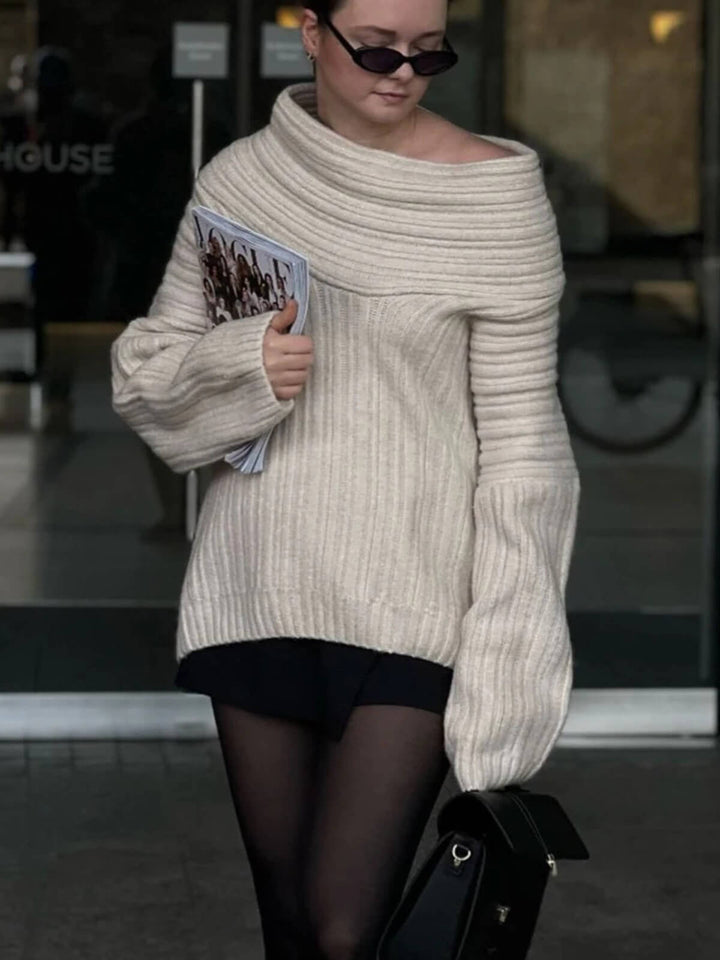 Fashionable Oversized Pullover Long Sleeve Off-Shoulder Knit Sweater