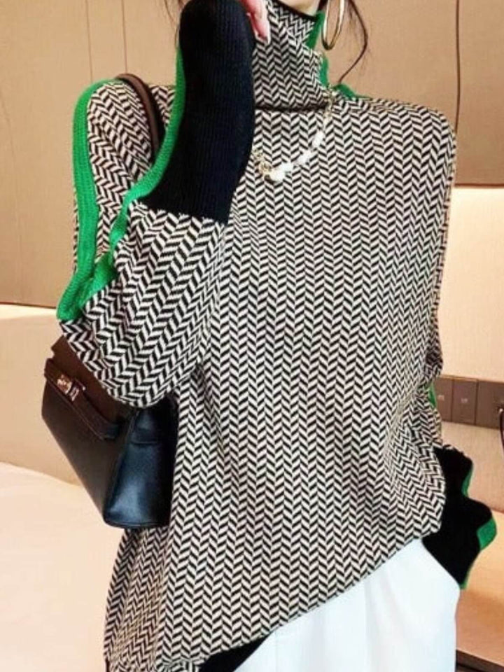 Patterned Roller Collar Jumper with Striking Contrast Stripe