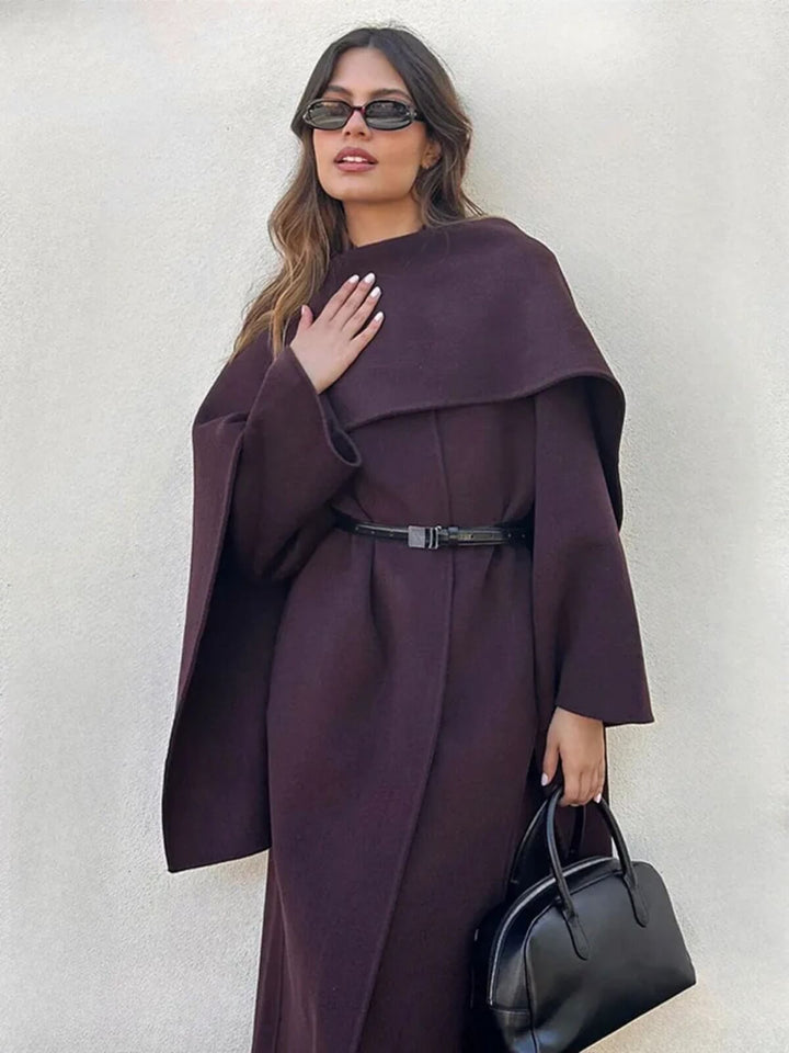 Elegant Scarf Collar Lace-Up Design And Loose Fit Long Coat