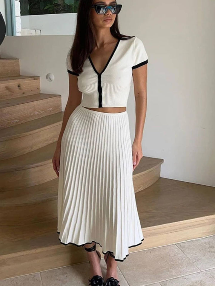 Knit Patchwork Two-Piece Set Long Skirt With V-neck Crop Top