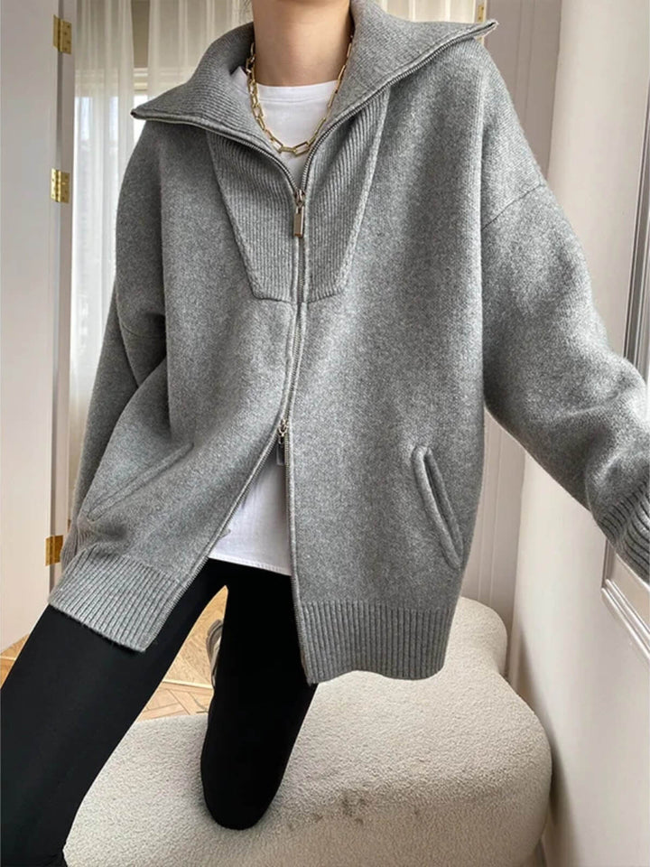 Oversized Double Zipper Fit Loose Polo's Collared Cardigan